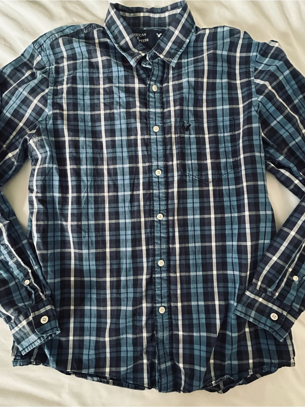 American Eagle Outfitters Navy and Light Blue Plaid Button-Down Shirt